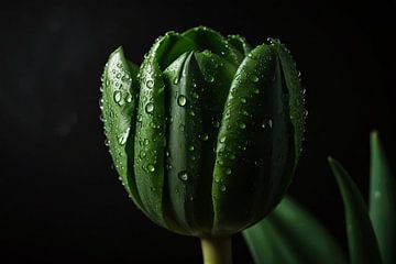 Donkergroene Tulp met Dauw op Zwart van De Muurdecoratie