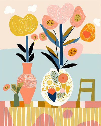 Nature morte illustrée en couleurs avec des fleurs