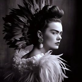 Frida Porträtfotografie mit Federn in schwarz-weiß