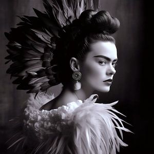 Frida Porträtfotografie mit Federn in schwarz-weiß