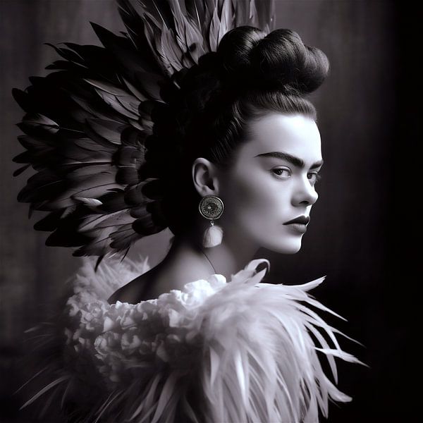 Frida portrait photography with feathers in black and white by Roger VDB