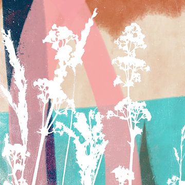Abstrakte botanische Kunst in Retro-Vibes und Pastellfarben. Weiße Blumen auf grün, rosa, beige von Dina Dankers