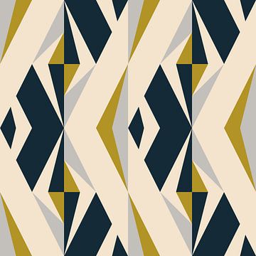 Retro geometrie met driehoeken in Bauhaus-stijl in grijs, mosterdgeel van Dina Dankers