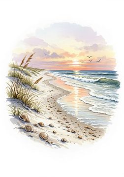 Strandmuurkunst: Aquarel Zeelandschap, Kustdecor, Rustig Oceaantafereel