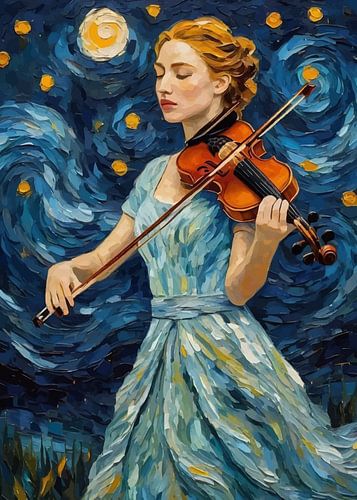 Vrouw speelt viool in sterrennacht