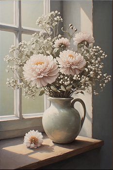 Vintage bloemstilleven in keramische vaas – kunstprint voor aan het raam
