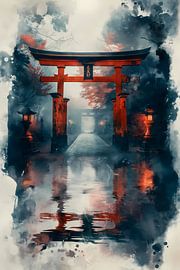 Red Torii Gate Watercolor by Kumo de Bloom