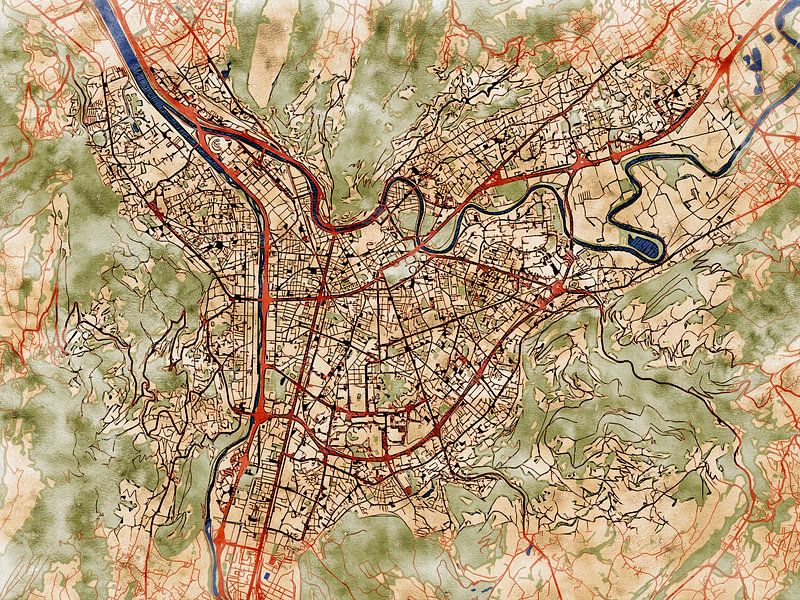 Map of Grenoble with the style 'Serene Summer' by Maporia