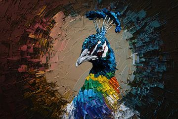Dynamische kleurrijke pauw in abstracte stijl van De Muurdecoratie