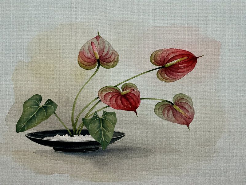 Japanisches Stillleben: Vase mit Anthurien im Ikebana-Stil von Studio Pieternel