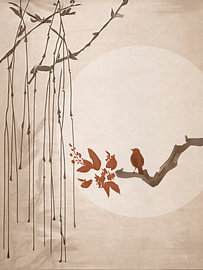 Zen Art. Vogel auf einem Ast vor dem Vollmond in Erdtönen