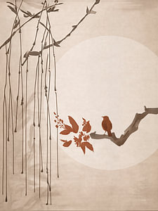 Zen Art. Vogel auf einem Ast vor dem Vollmond in Erdtönen