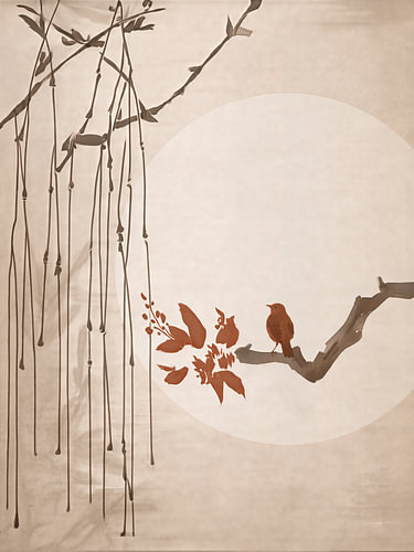 Zen Art. Vogel op tak tegen een volle maan in aarde tinten