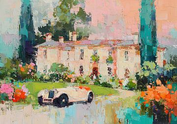 Maison dans le jardin avec voiture vintage