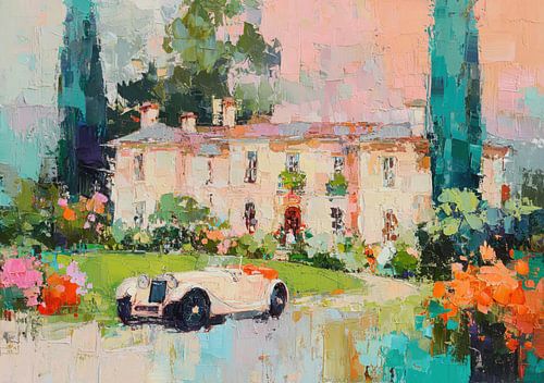 House in the garden with vintage car