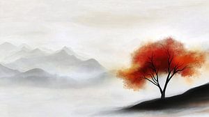 Baum auf Hügel in nebliger Berglandschaft