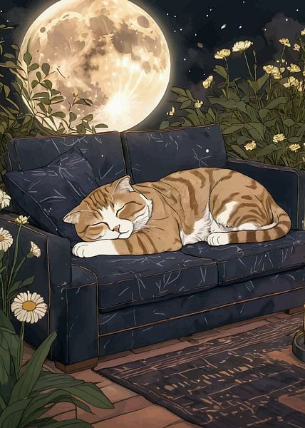 A Cat Sleeping on the Couch under The Moon by MIROKKU