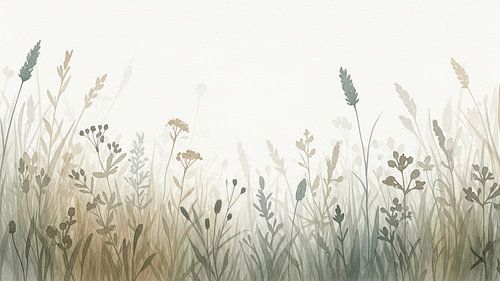 Ethereal Meadow: Minimalistische aquarel van wilde grassen en veldkruiden
