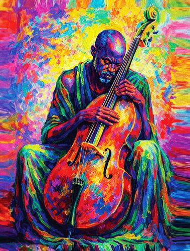 Gepassioneerde Rainbow Cellist Abstract Impasto Muziek Portret