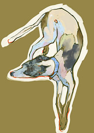 Moderne grafische Zeichnung eines verspielten Galgos – Greyhound-Hundekunst von ATELIER KAMILA M
