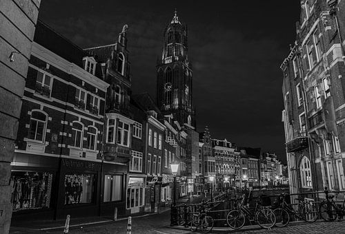 Dom tower at night from the city hall bridge in Utrecht