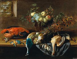 A Peacock, Fruit, Boiled Lobster And A Prey Of Birds, Adriaen van Utrecht