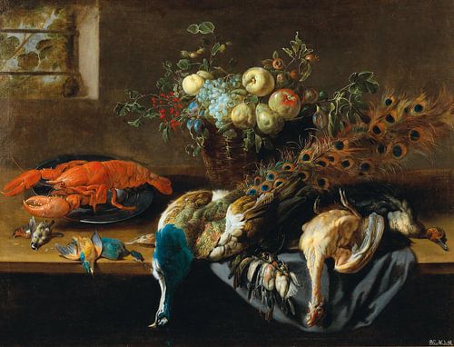 Een pauw, fruit, gekookte kreeft en een prooi van vogels, Adriaen van Utrecht