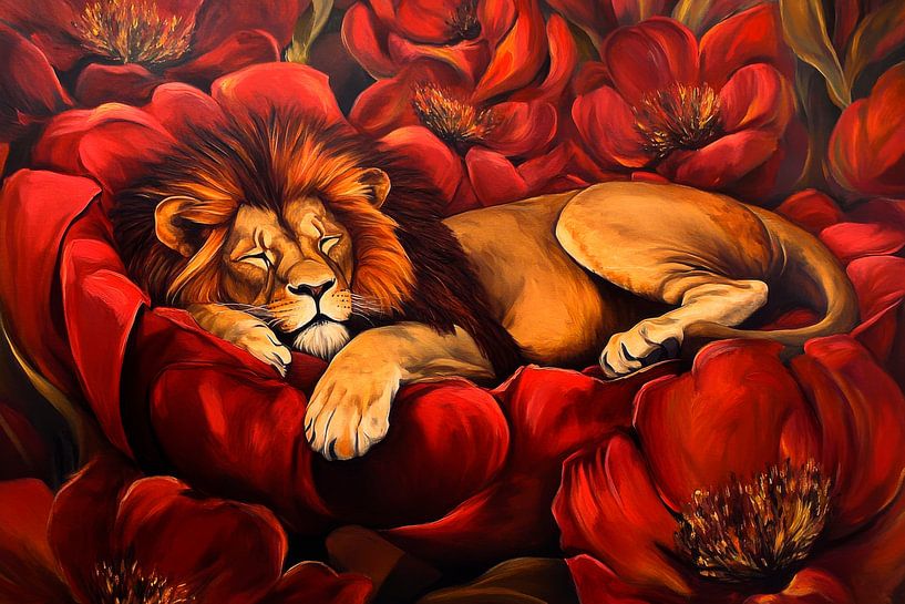 Lion dormant dans des fleurs rouges par Poster Art Shop