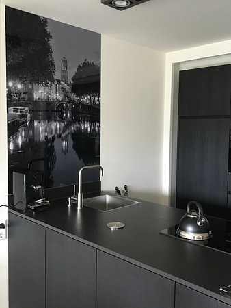 View of Zandbrug, Oudegracht and Dom tower in Utrecht, BLACK-WHITE (different format)