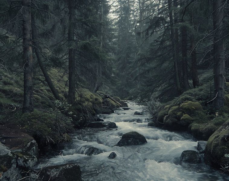Fluisterend bos in de ochtendnevel van fernlichtsicht