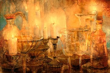 Stilleven met zeven kaarsen - in gouden licht van Annette Schmucker