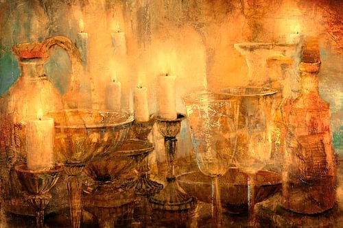 Still life with seven candles - in golden light by Annette Schmucker