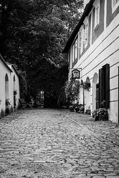Idyllisch straatje in Český Krumlov zwart/wit van Nicolette Suijkerbuijk