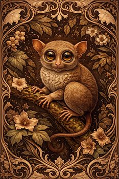 Adorable Tarsier in Ornate Wood Carving Style - Cute Wildlife Sepia Wall Decor