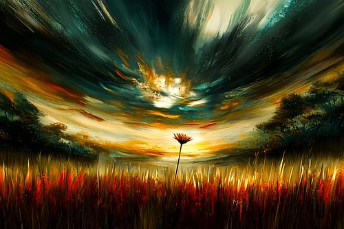 Zonsopkomst met eenzame bloem