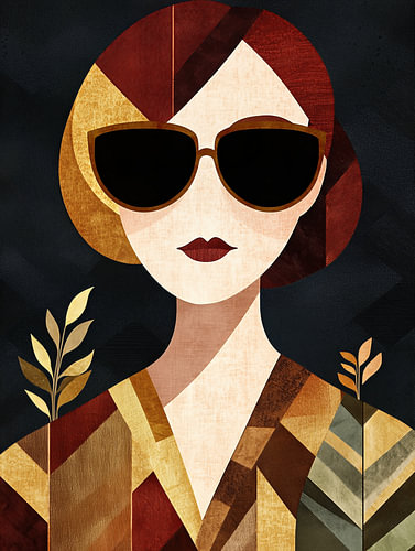 Cubist Elegance – Geometric Art Deco Portrait of a Woman Wearing Sunglasses and Featuring Terracotta Panels