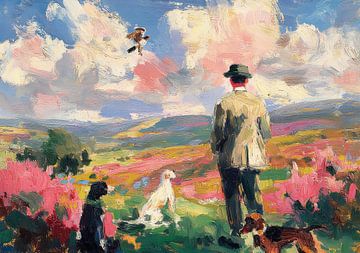 Hunters with dogs in the countryside