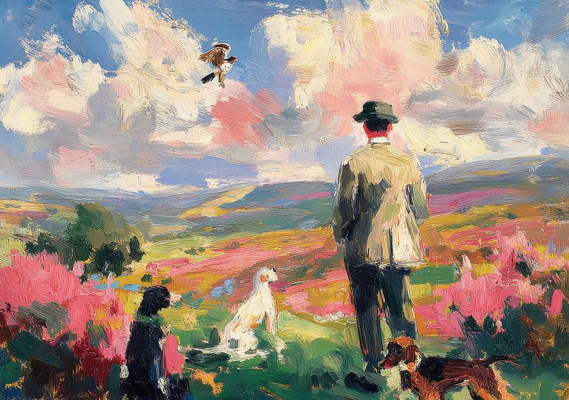 Jäger mit Hunden in Landschaft von Niklas Maximilian