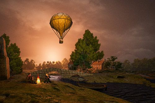 Landschaft mit Steinbrücke und Heißluftballon