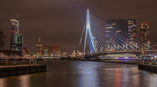 Erasmus bridge and Rotterdam skyline by night