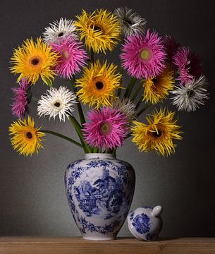 Colourful bouquet in Deltf's blue vase by Inkhere Art
