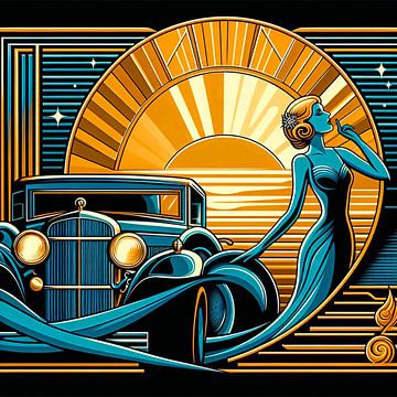 Art Deco, vrouw en auto van Ineke de Rijk