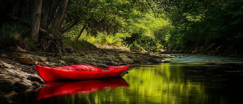 Red kayak on the calm riverbank by Poster Art Shop