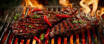 Juicy steaks on the grill with chilli by Poster Art Shop