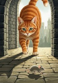 Orange Cat Approaching Mouse in Stone Archway by Markus Gann