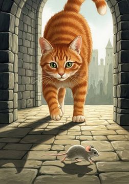 Orange Cat Approaching Mouse in Stone Archway