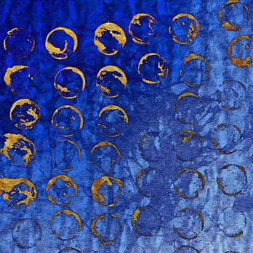 Golden Moons on Blue. Organic shapes abstract painting. by Dina Dankers