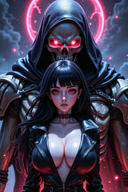 Fantasy Anime Cyberpunk Décoration Murale: UMBRAZETH – Sexy Anime Girl avec un Grim Reaper derrière sur INFERAURUM - Dark Fantasy Wall Art