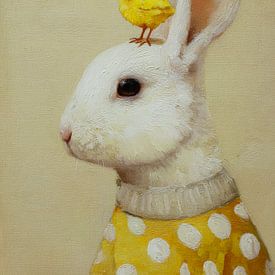 Cute rabbit with chick in soft yellow by But First Framing