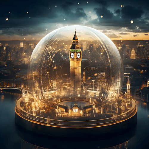 De stad Londen in een globe door de ogen van Rembrandt